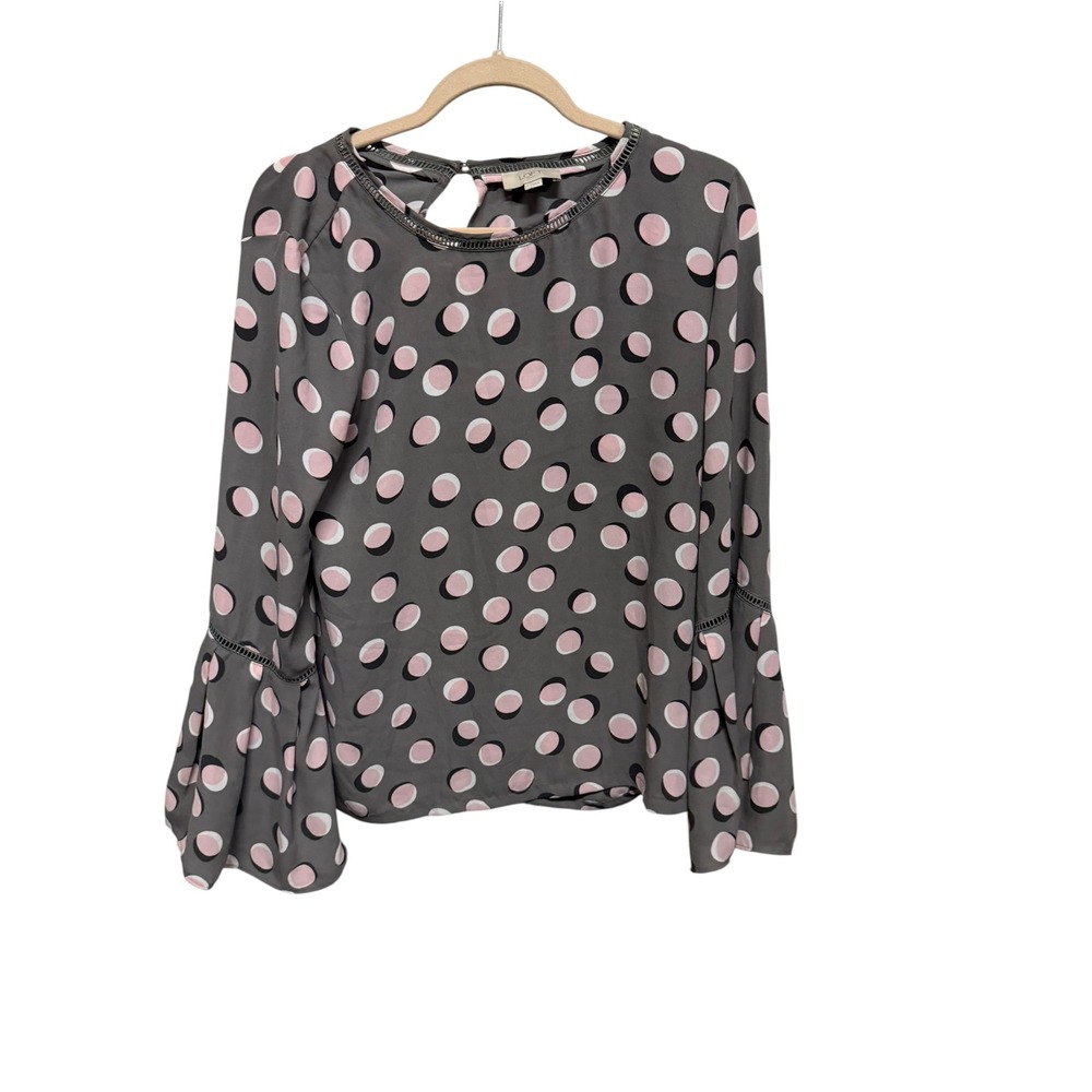 LOFT Women's Small Gray Pink Polka Dot Bell Sleeve Blouse Ladder Trim